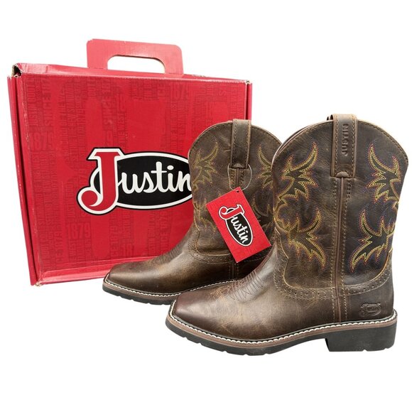 Justin Western Boots Kids Rugged Tan Buffalo 4.5D Embroidered Square Toe SK4681 - Picture 1 of 15